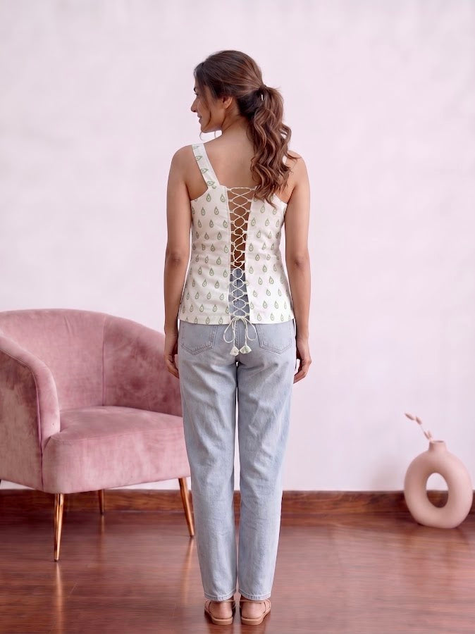 Green Blockprint Cotton Corset Top