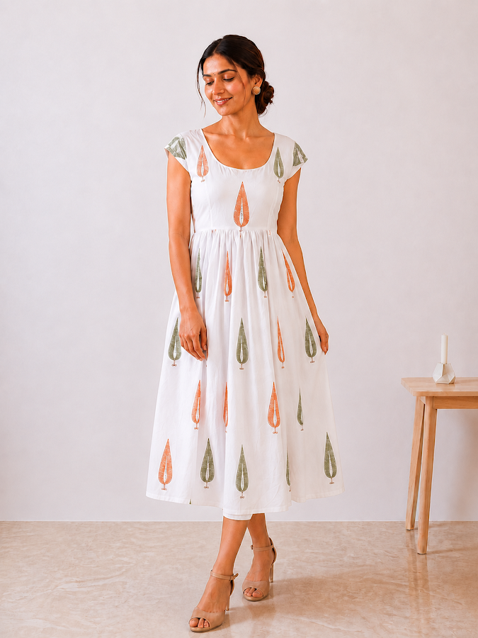 Myra Leaf Blockprint Midi Dress