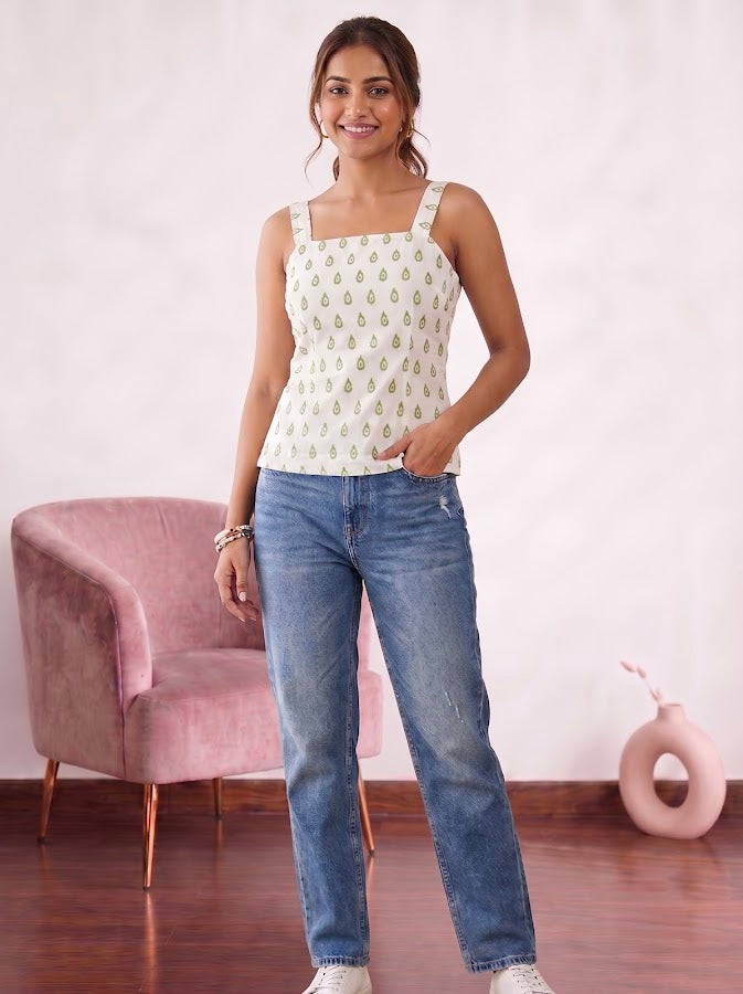 Green Blockprint Cotton Corset Top