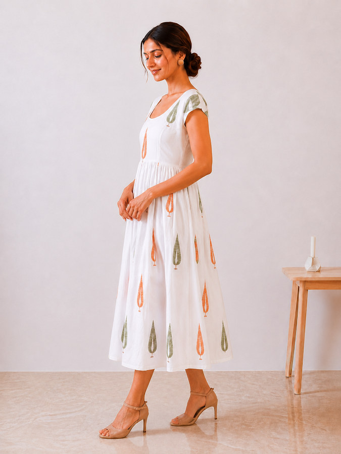 Myra Leaf Blockprint Midi Dress
