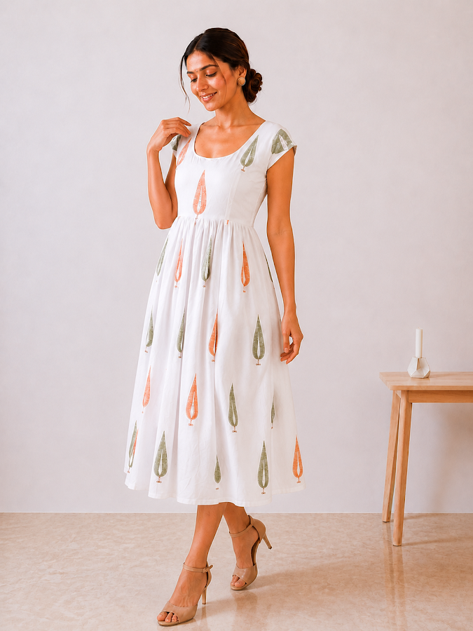 Myra Leaf Blockprint Midi Dress