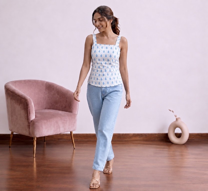 Blue Blockprint Cotton Corset Top