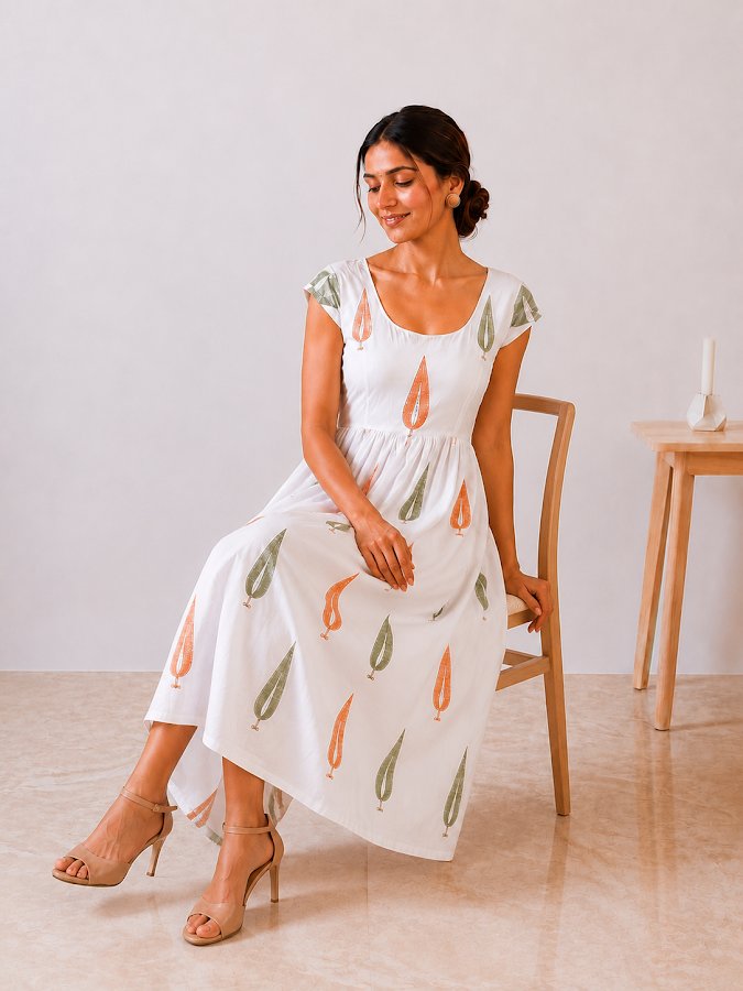 Myra Leaf Blockprint Midi Dress