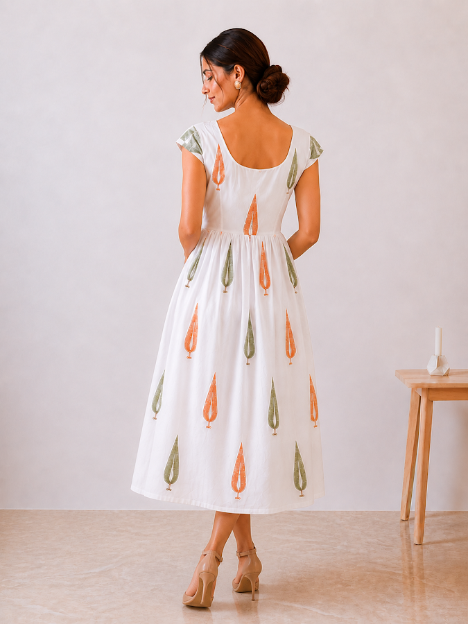 Myra Leaf Blockprint Midi Dress