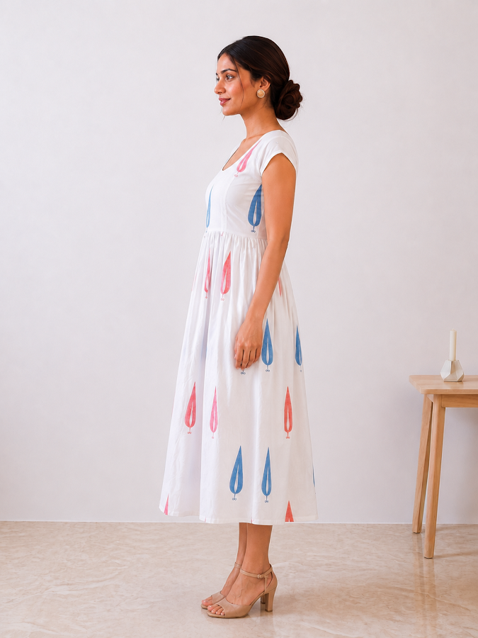 Nyra Leaf Blockprint Midi Dress