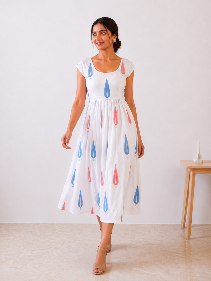Nyra Leaf Blockprint Midi Dress