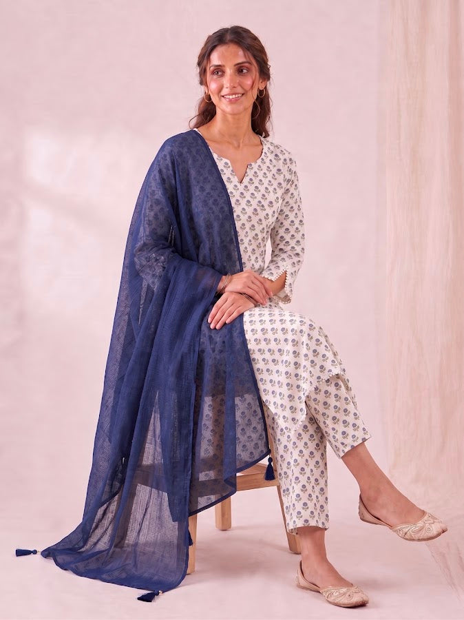 Aarzoo Blockprint Blue Kurti Set - 3