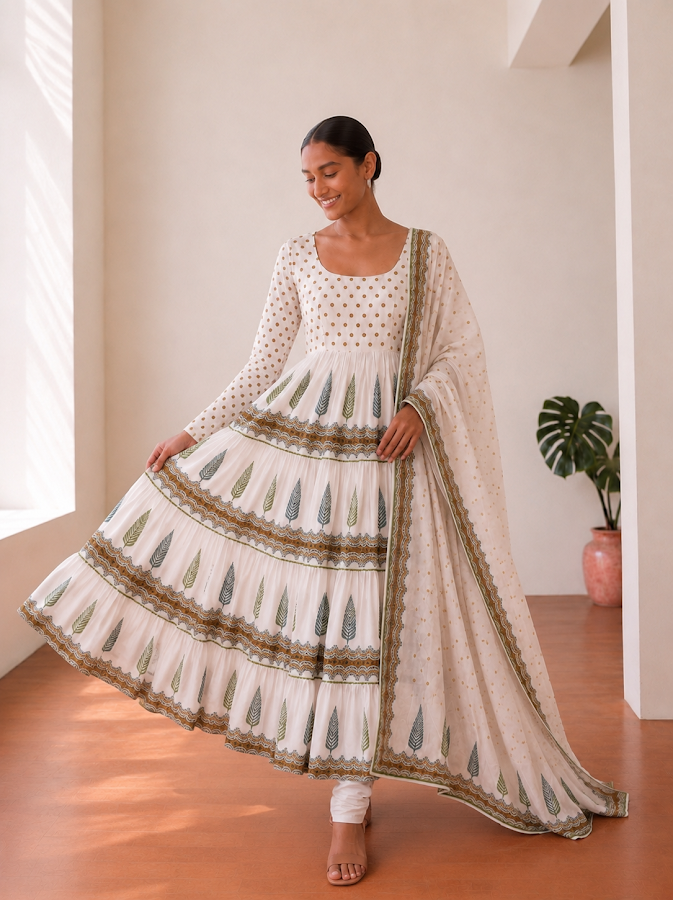 Akshita Blockprint Tiered Anarkali Set - 3
