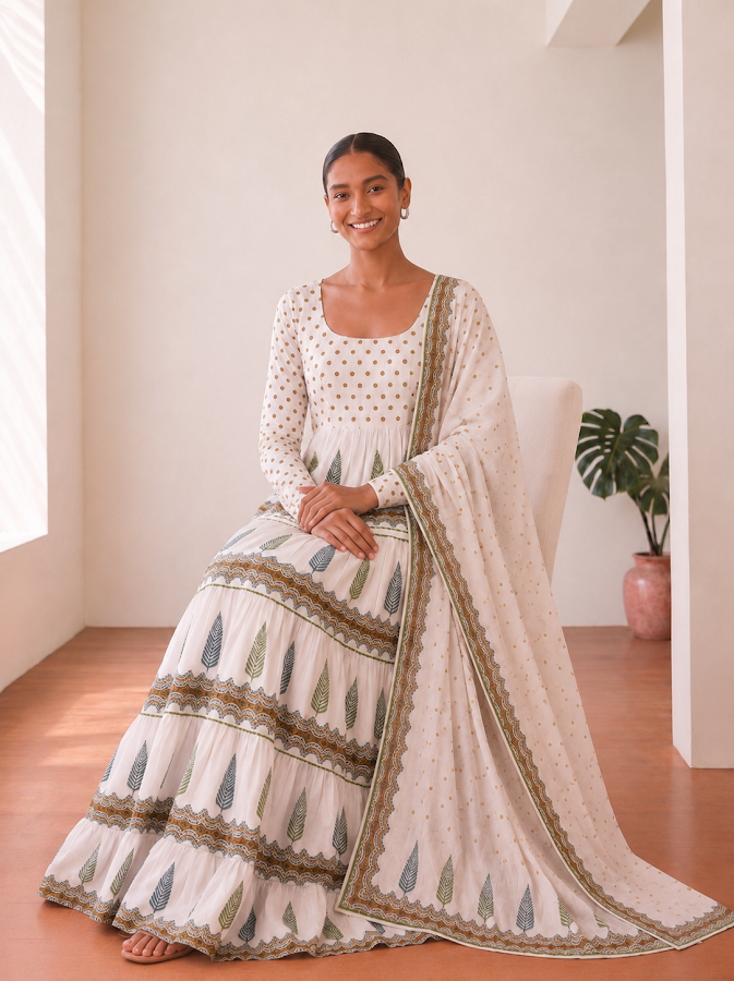 Akshita Blockprint Tiered Anarkali Set - 3
