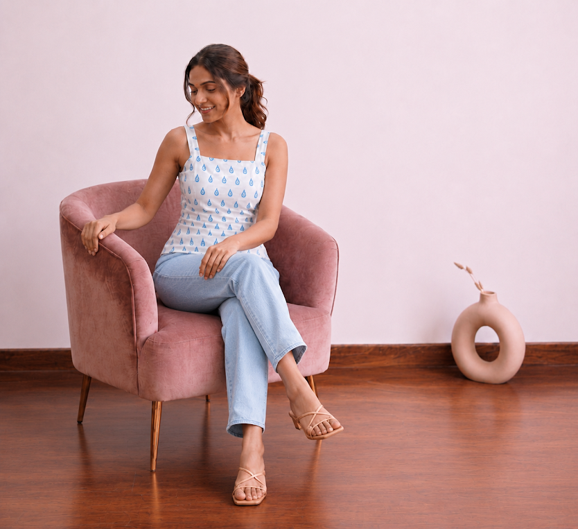 Blue Blockprint Cotton Corset Top