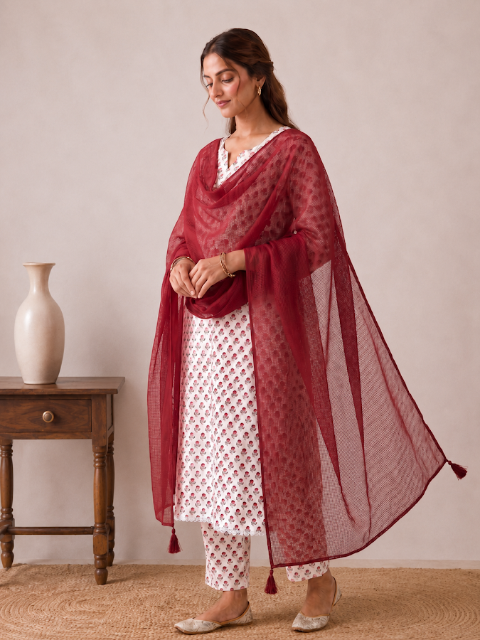 Aarzoo Blockprint Red Kurti Set - 3
