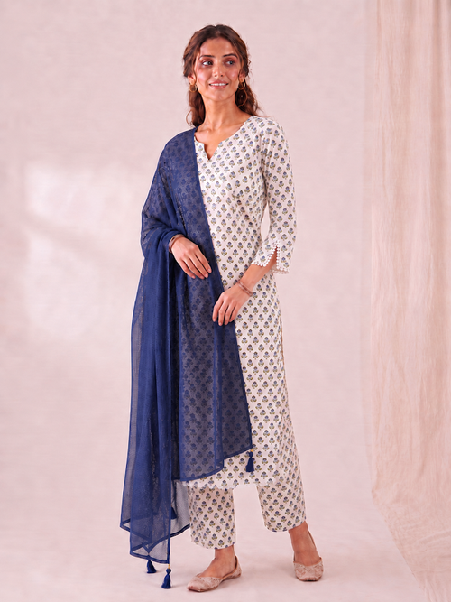 Aarzoo Blockprint Blue Kurti Set - 3