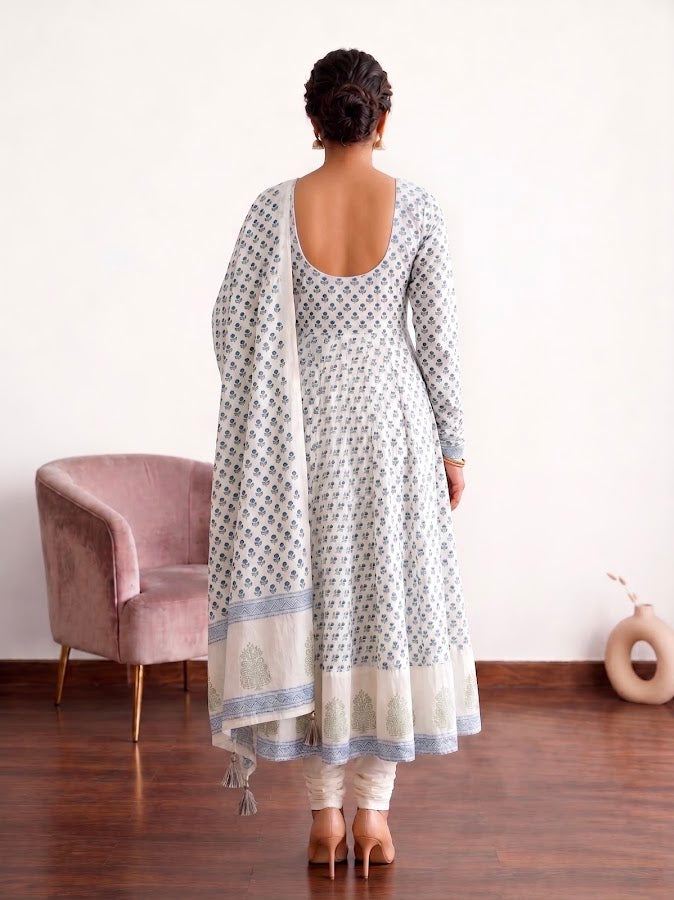 Aarzoo Blockprint Blue Anarkali Set - 3