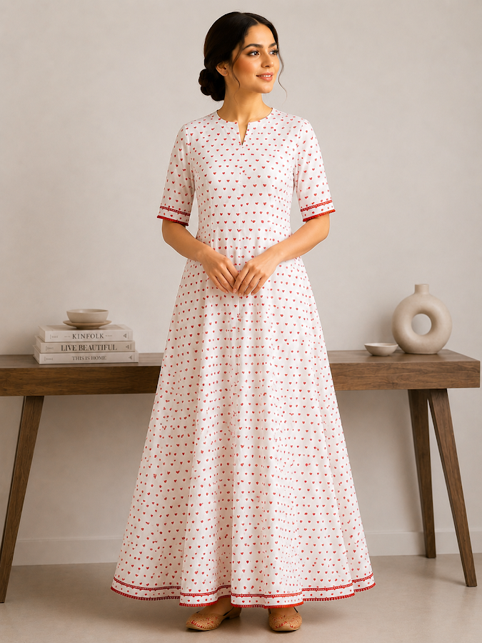 Red Blockprint Full Length Dress