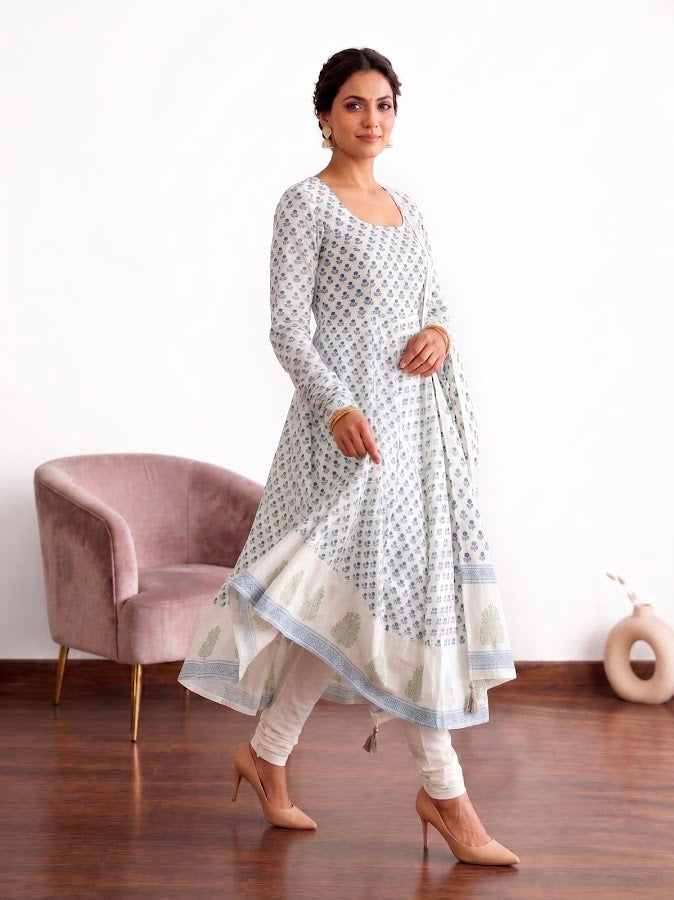 Aarzoo Blockprint Blue Anarkali Set - 3
