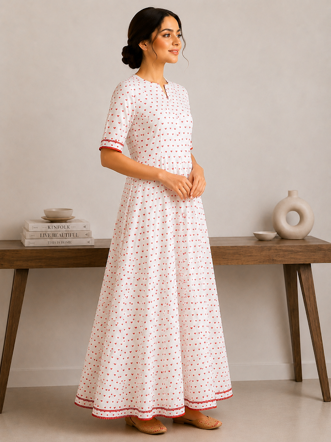 Red Blockprint Full Length Dress