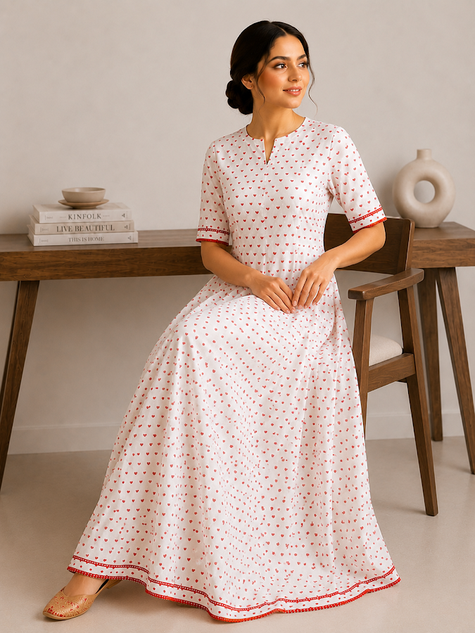 Red Blockprint Full Length Dress
