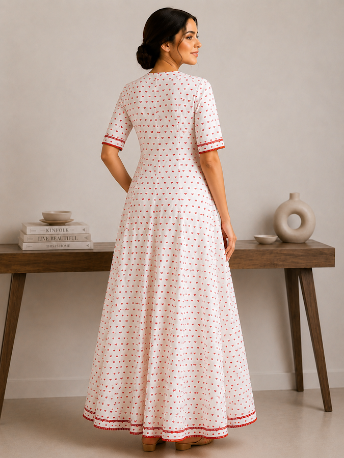 Red Blockprint Full Length Dress