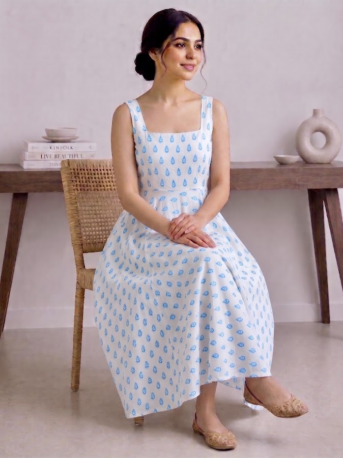 Shivi Blockprint Blue  Midi Dress