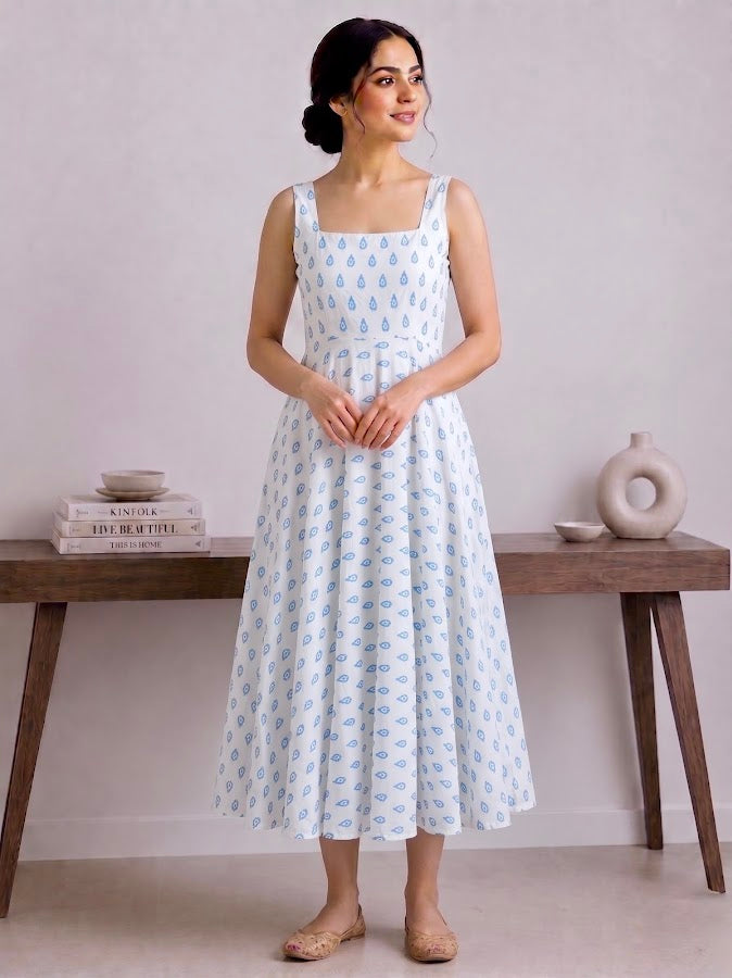 Shivi Blockprint Blue  Midi Dress