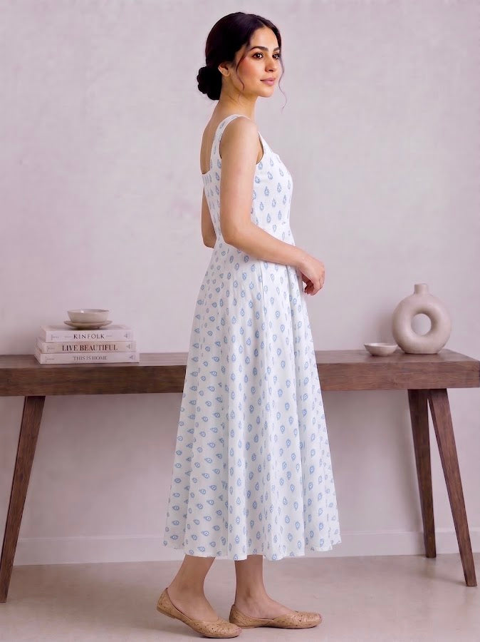 Shivi Blockprint Blue  Midi Dress