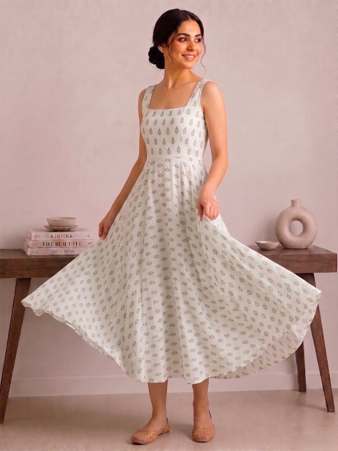 Shivi Blockprint Green  Midi Dress