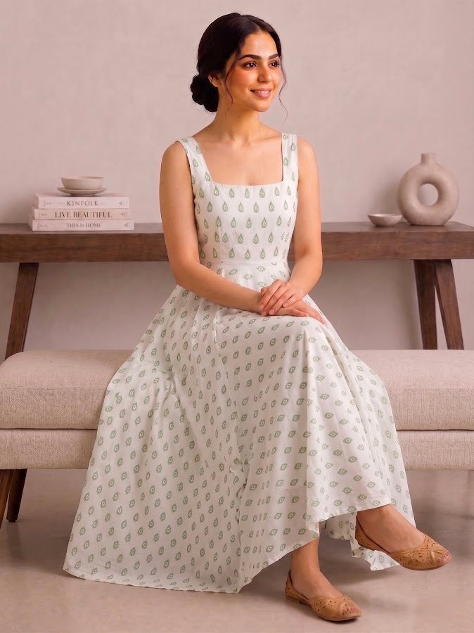 Shivi Blockprint Green  Midi Dress