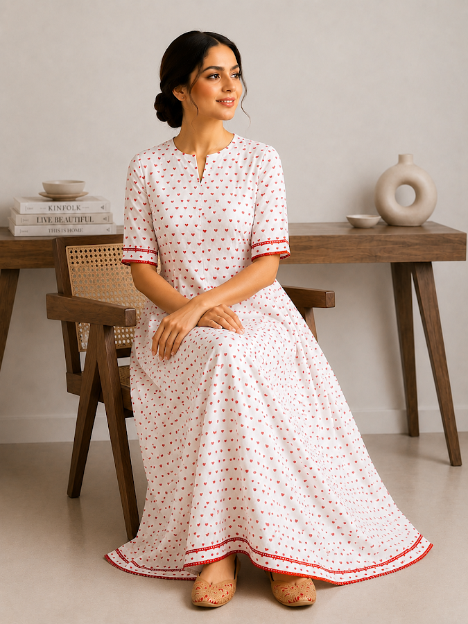 Red Blockprint Full Length Dress