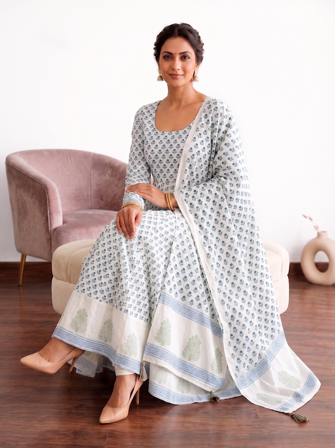 Aarzoo Blockprint Blue Anarkali Set - 3