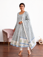 Aarzoo Blockprint Blue Anarkali Set - 3